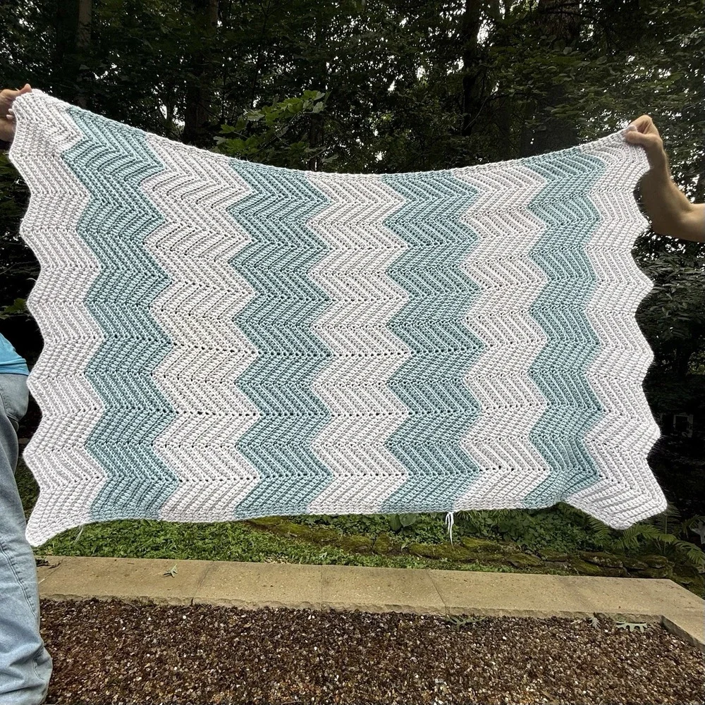Handmade Crochet Chevron Ripple Afghan 59.5x36.25 Light Blue White Throw Blanket